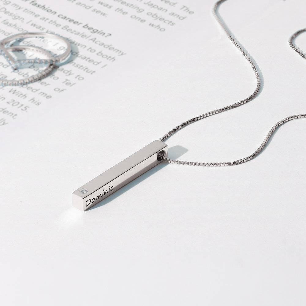 Vertical Bar Necklace With Diamond - Sterling Silver