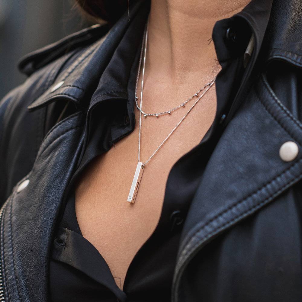 Vertical Bar Necklace With Diamond - Sterling Silver
