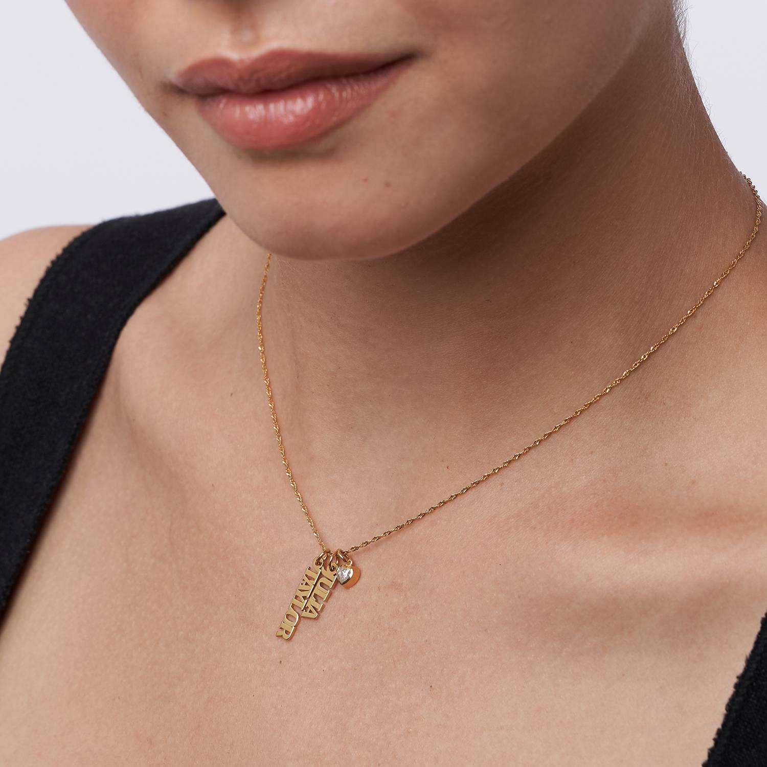Vertical Name Necklace With .2CT Heart Shaped Diamond - 18K Gold Vermeil