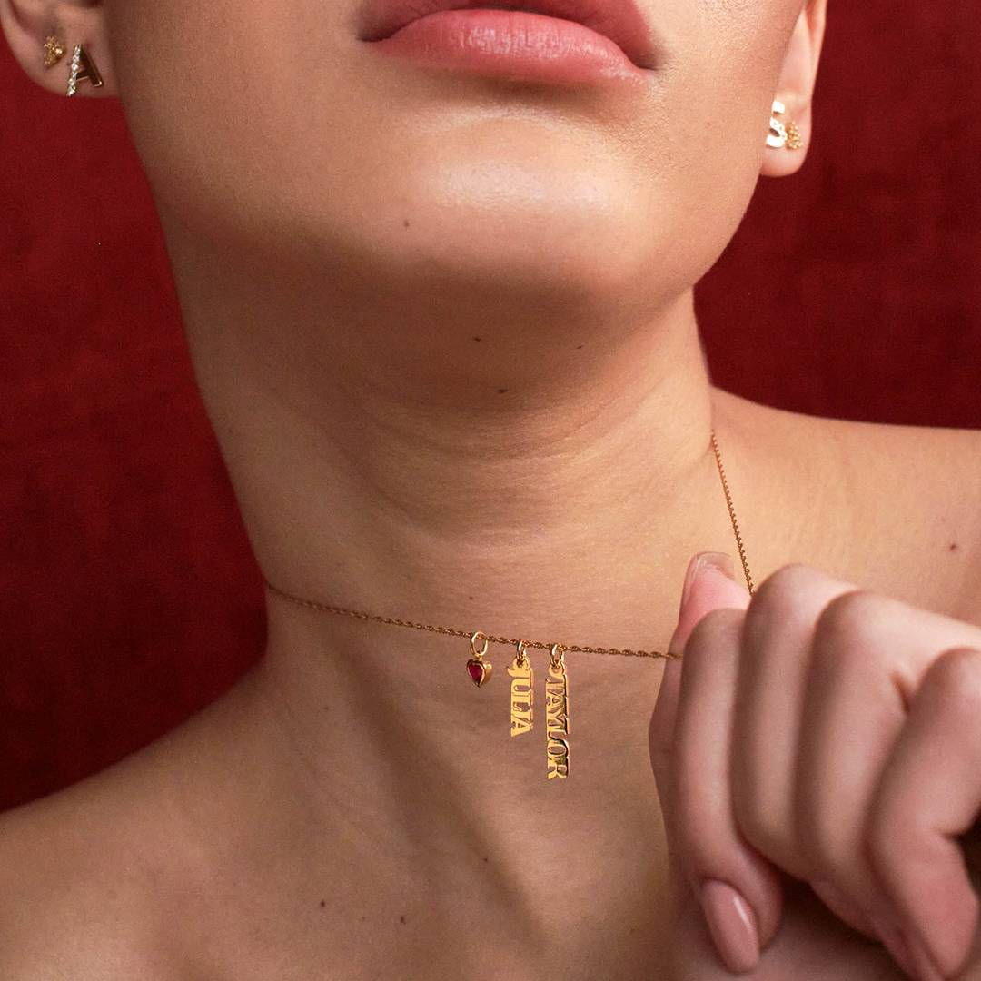 Vertical Name Necklace With Heart Shaped Gemstone - 18K Rose Gold Vermeil