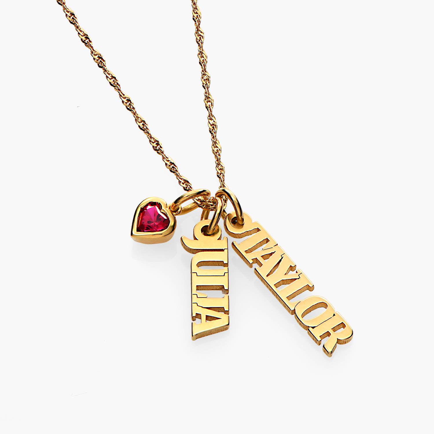 Vertical Name Necklace With Heart Shaped Gemstone - 18K Gold Vermeil