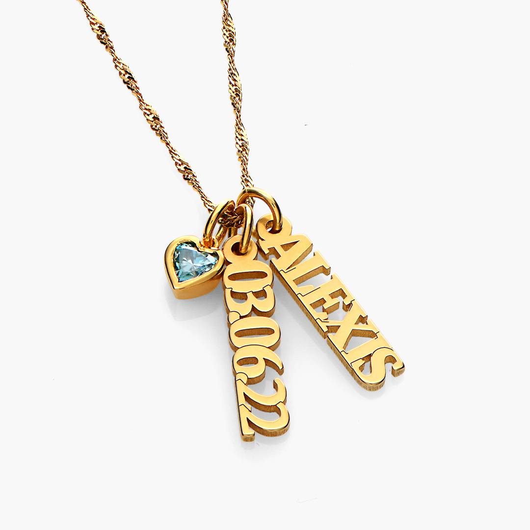 Vertical Name Necklace With Heart Shaped Gemstone - 18K Gold Vermeil
