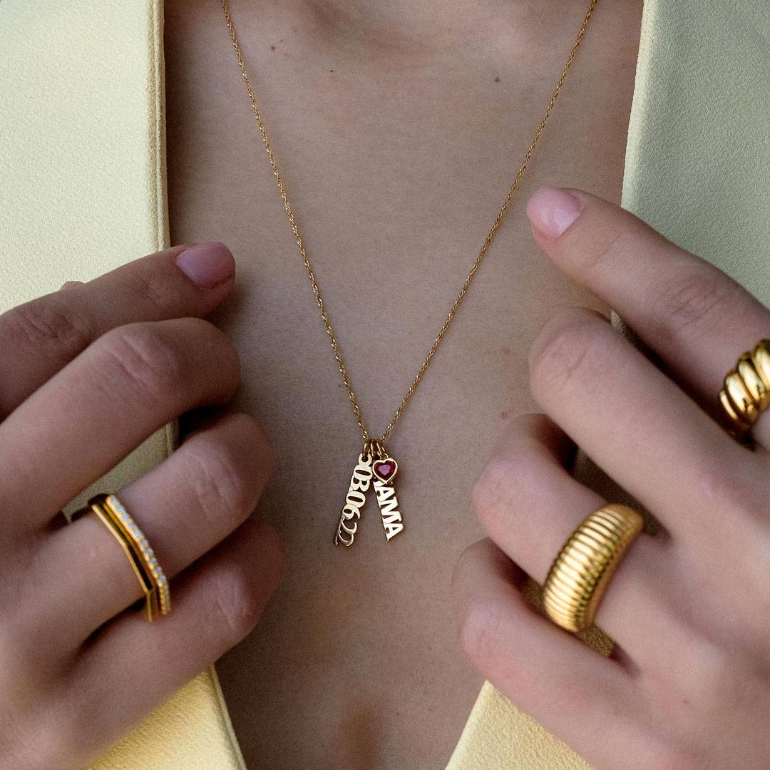Vertical Name Necklace With Heart Shaped Gemstone - 18K Gold Vermeil