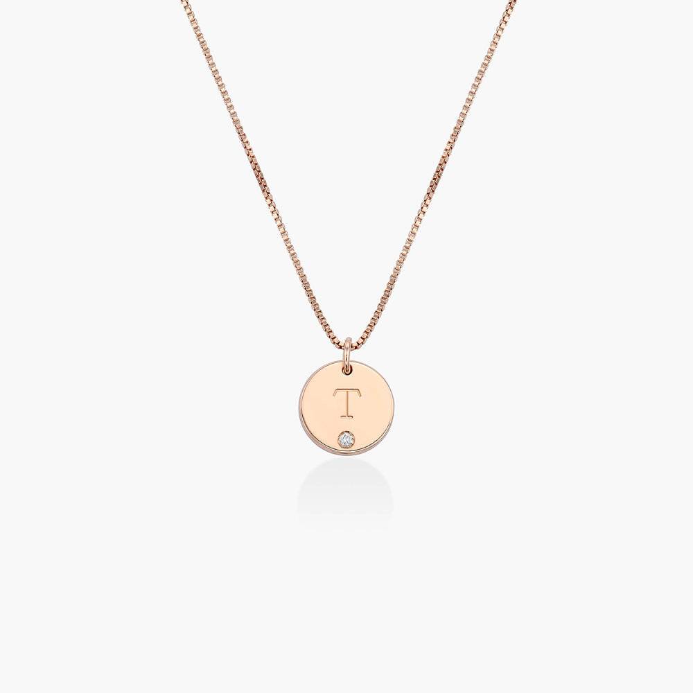 Initial Disc Necklace With Diamond - 18K Rose Gold Vermeil