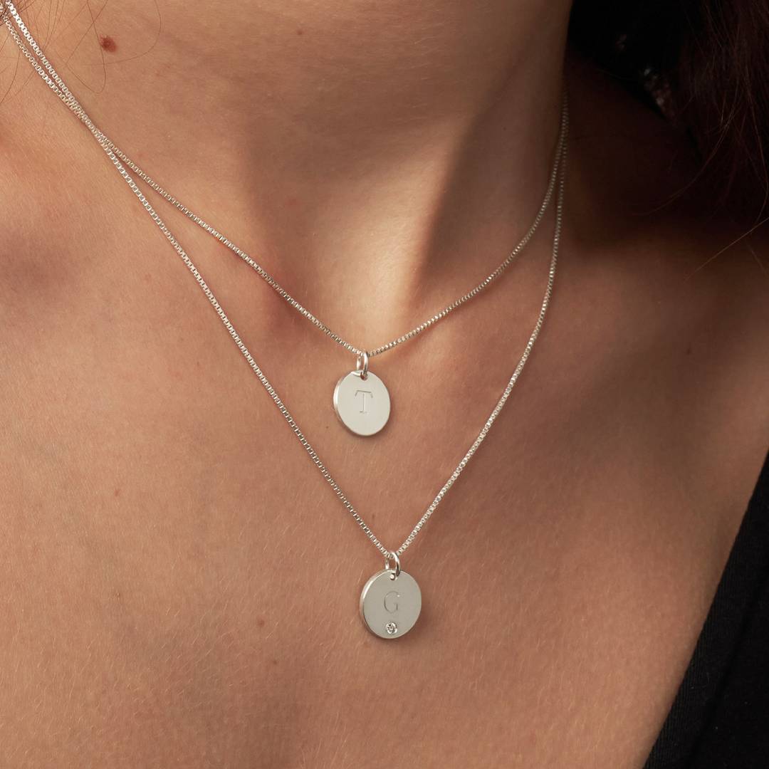 Initial Disc Necklace With Diamond - Sterling Silver