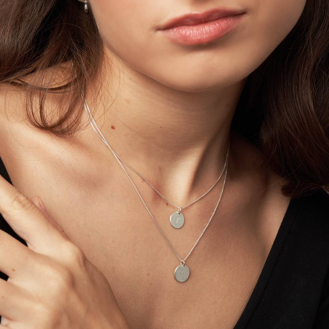 Initial Disc Necklace With Diamond - Sterling Silver
