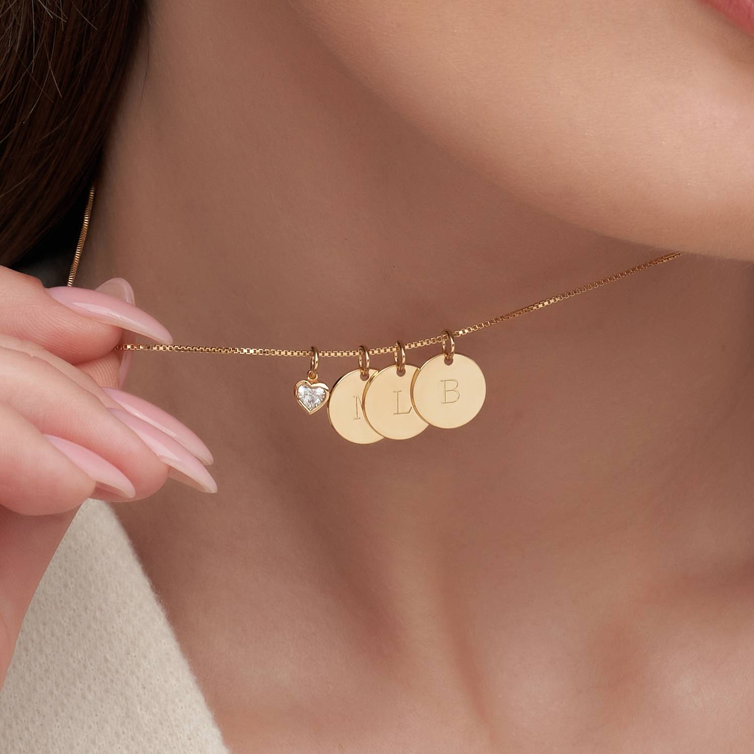 Initial Disc Necklace With .2CT Heart Shaped Diamond - 18K Gold Vermeil