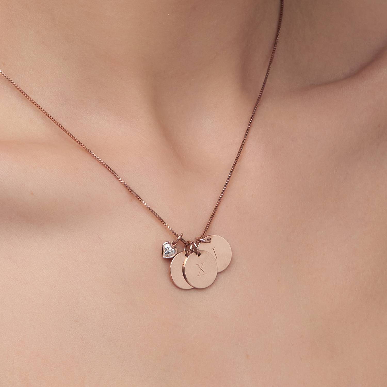 Initial Disc Necklace With .2CT Heart Shaped Diamond - 18K Rose Gold Vermeil
