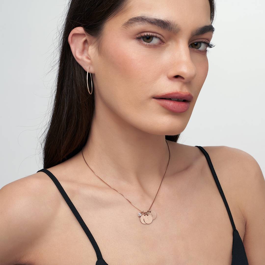 Initial Disc Necklace With .2CT Heart Shaped Diamond - 18K Rose Gold Vermeil