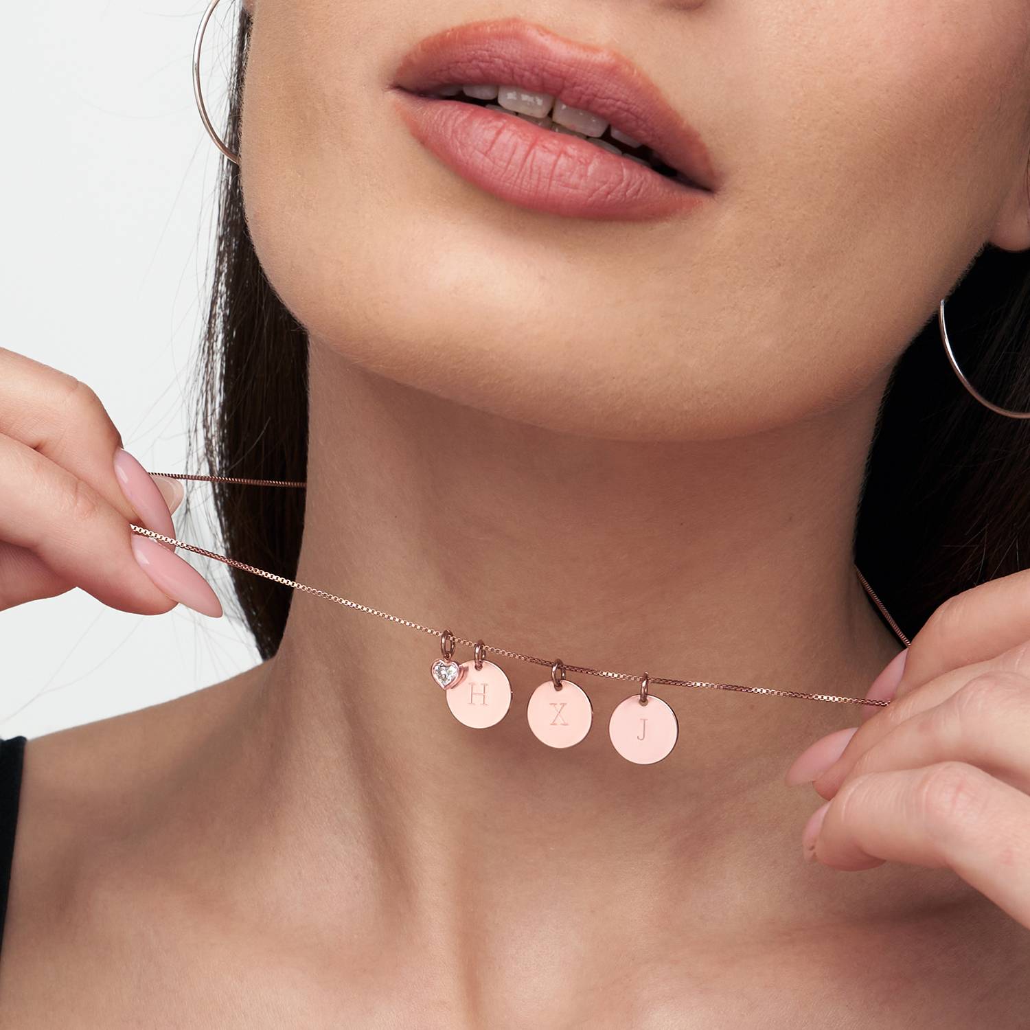 Initial Disc Necklace With .2CT Heart Shaped Diamond - 18K Rose Gold Vermeil