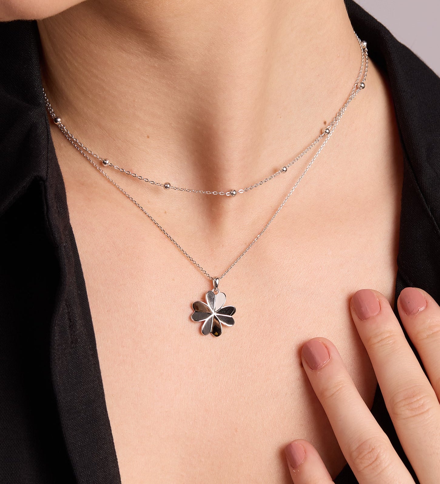 Origami Heart Clover Necklace in Silver