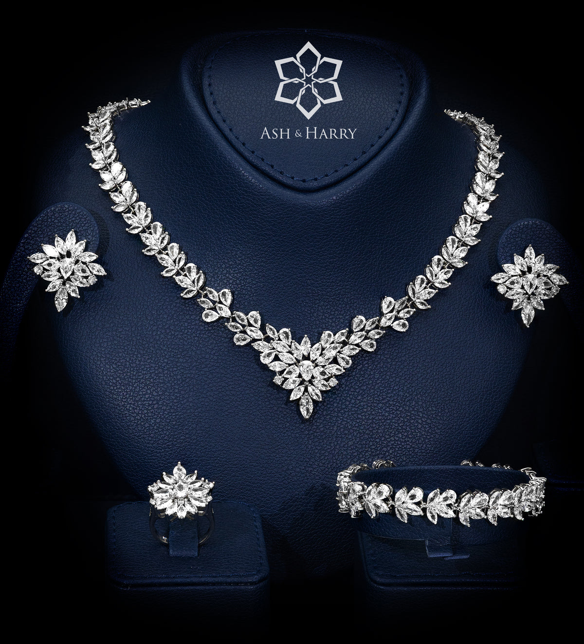 Aaliyah Royal White Bridal Full Set with Marquise - Cut Simulated Diamonds, Rhodium Plated - Ash & Harry