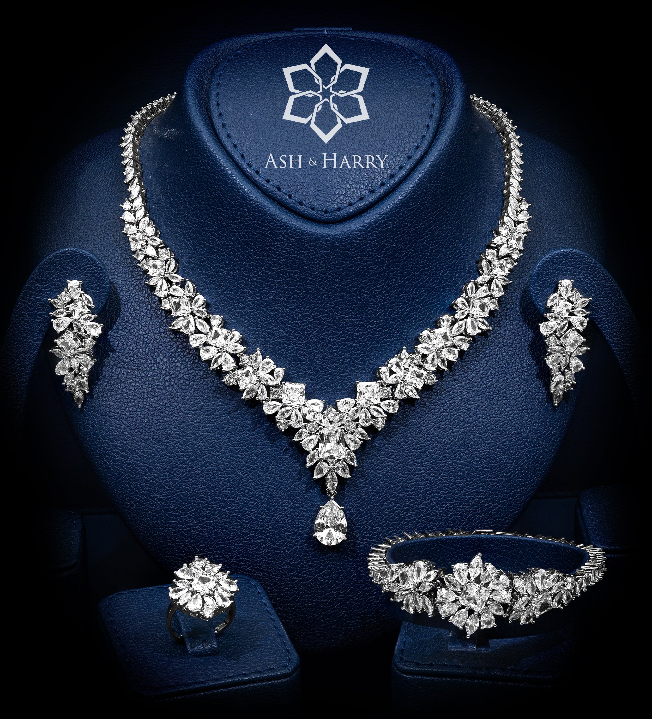 Andalusia Royal White Bridal Full Set with Cushion - Cut Simulated Rubies in Hand - Set Simulated Diamonds, Rhodium Plated - Ash & Harry