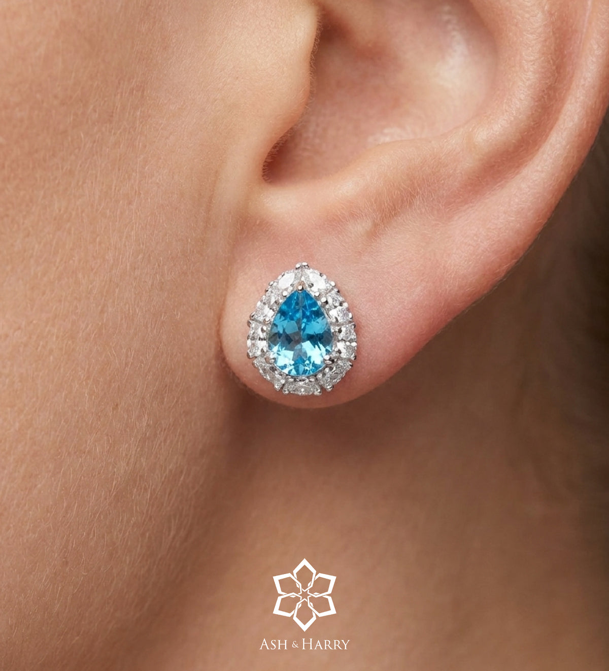 Azure Pear Studs in 925 Silver High Quality Simulated Diamonds and Crafted Pear - Cut Aquamarine Stones - Ash & Harry