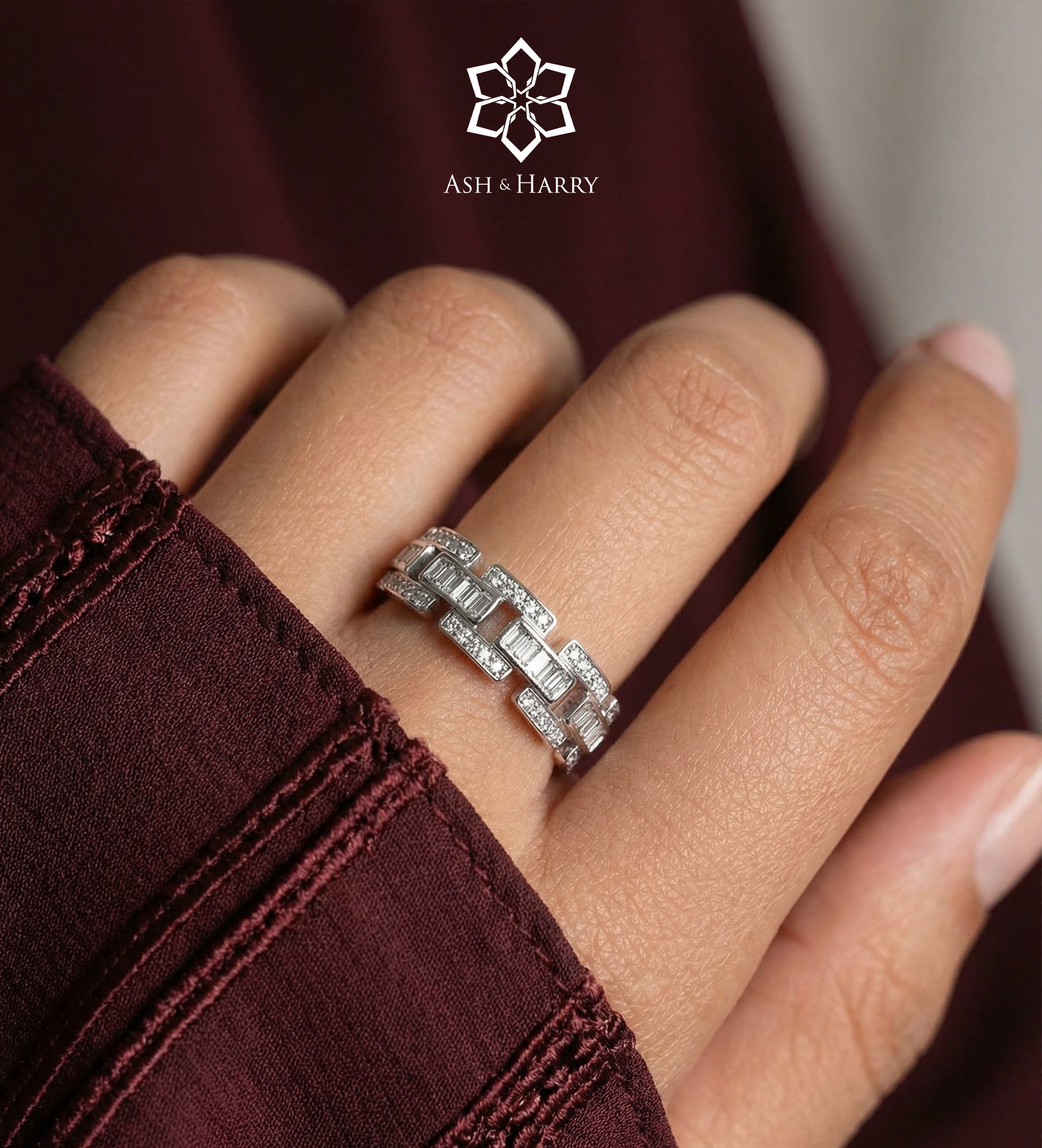Block Chain Ring In 925 Silver High Quality Simulated Diamonds - Ash & Harry