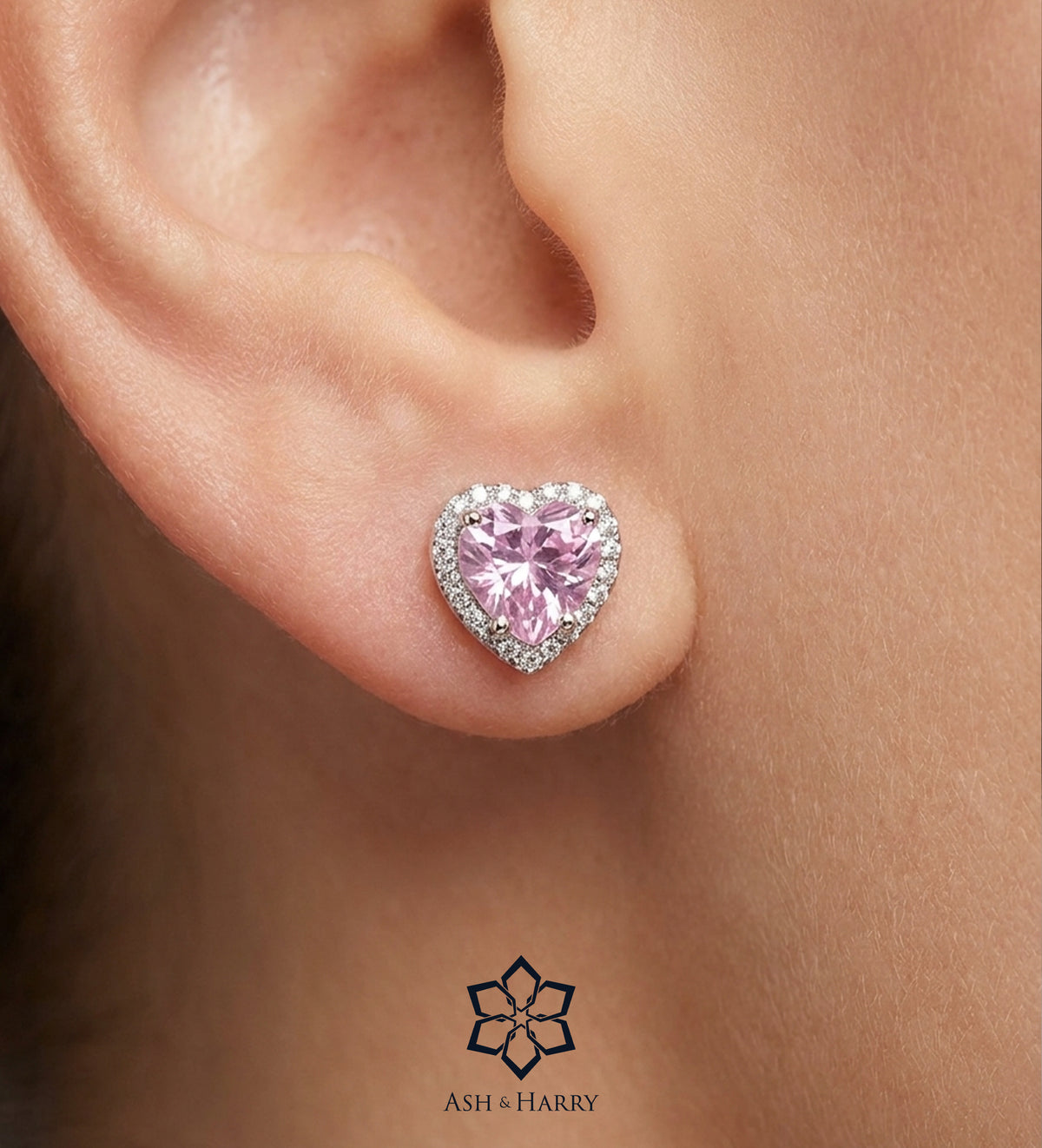 Blushing Heart Halo Studs in 925 Silver with High - Quality White Simulated Diamonds - Ash & Harry