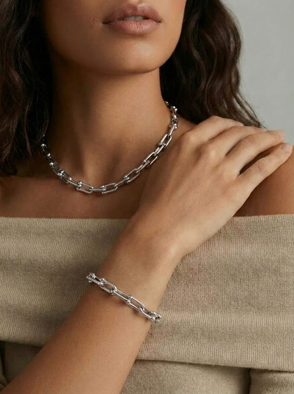 Bold Orb Linked Chain Full Set in Silver- 2 Items