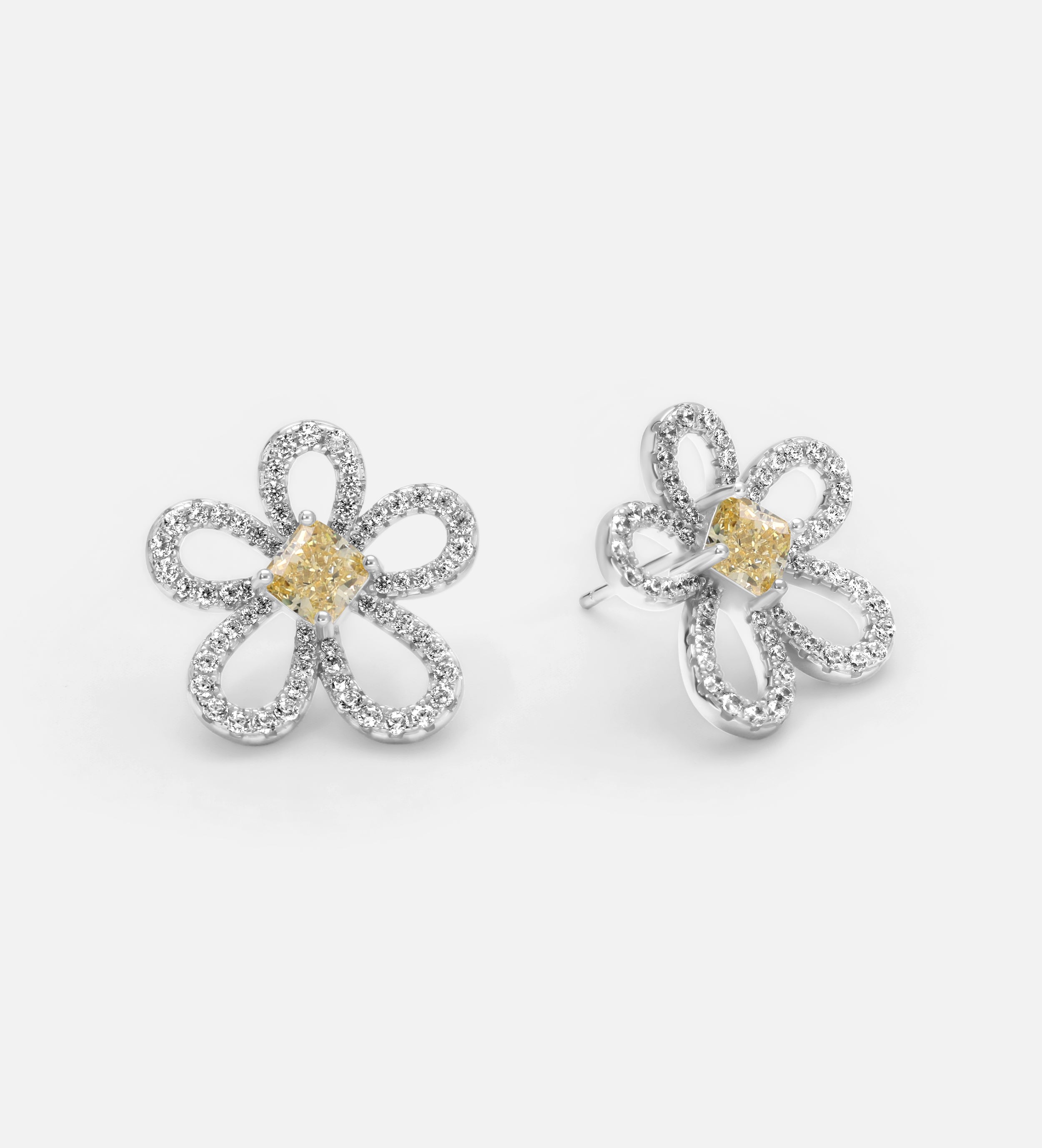 Canary Bloom Earrings in 925 Silver with High Quality Simulated White and Crafted Canary Diamonds - Ash & Harry