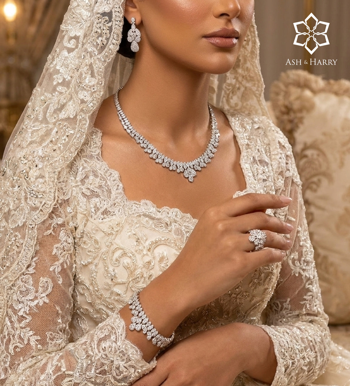Celeste Drop Bridal Set in High Quality Simulated Diamonds Rhodium Plated - Ash & Harry