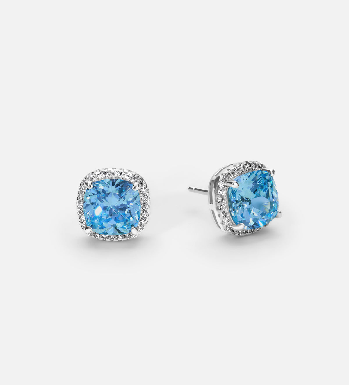 Celestial Blue Cushion Studs in 925 Silver High Quality Simulated Diamonds and Aquamarine Stone - Ash & Harry