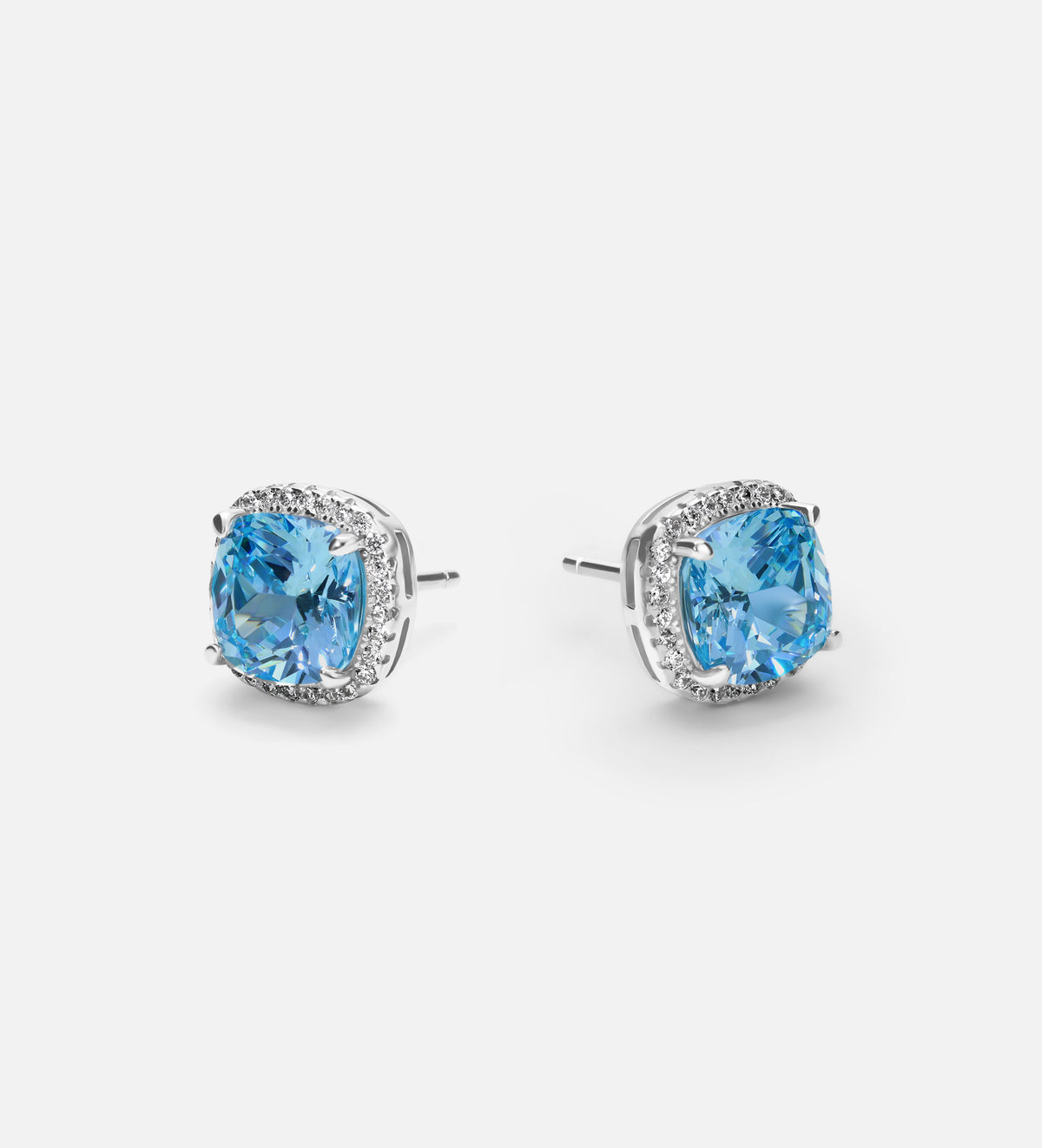 Celestial Blue Cushion Studs in 925 Silver High Quality Simulated Diamonds and Aquamarine Stone - Ash & Harry