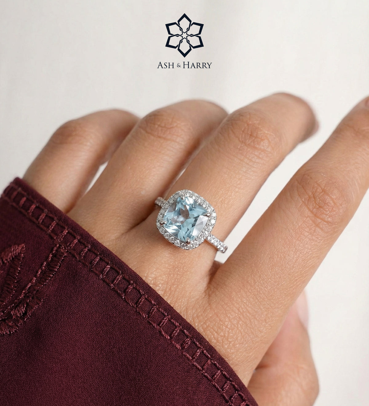 Celestial Blue Cushion Ring in 925 Silver High Quality Simulated Diamonds and Aquamarine Stone - Ash & Harry