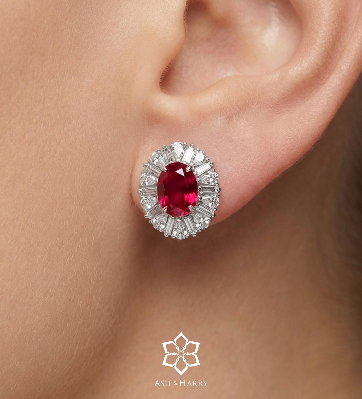 Classic Ruby Glow Studs in 925 Silver High Quality Simulated Diamonds and Crafted Ruby Stones - Ash & Harry