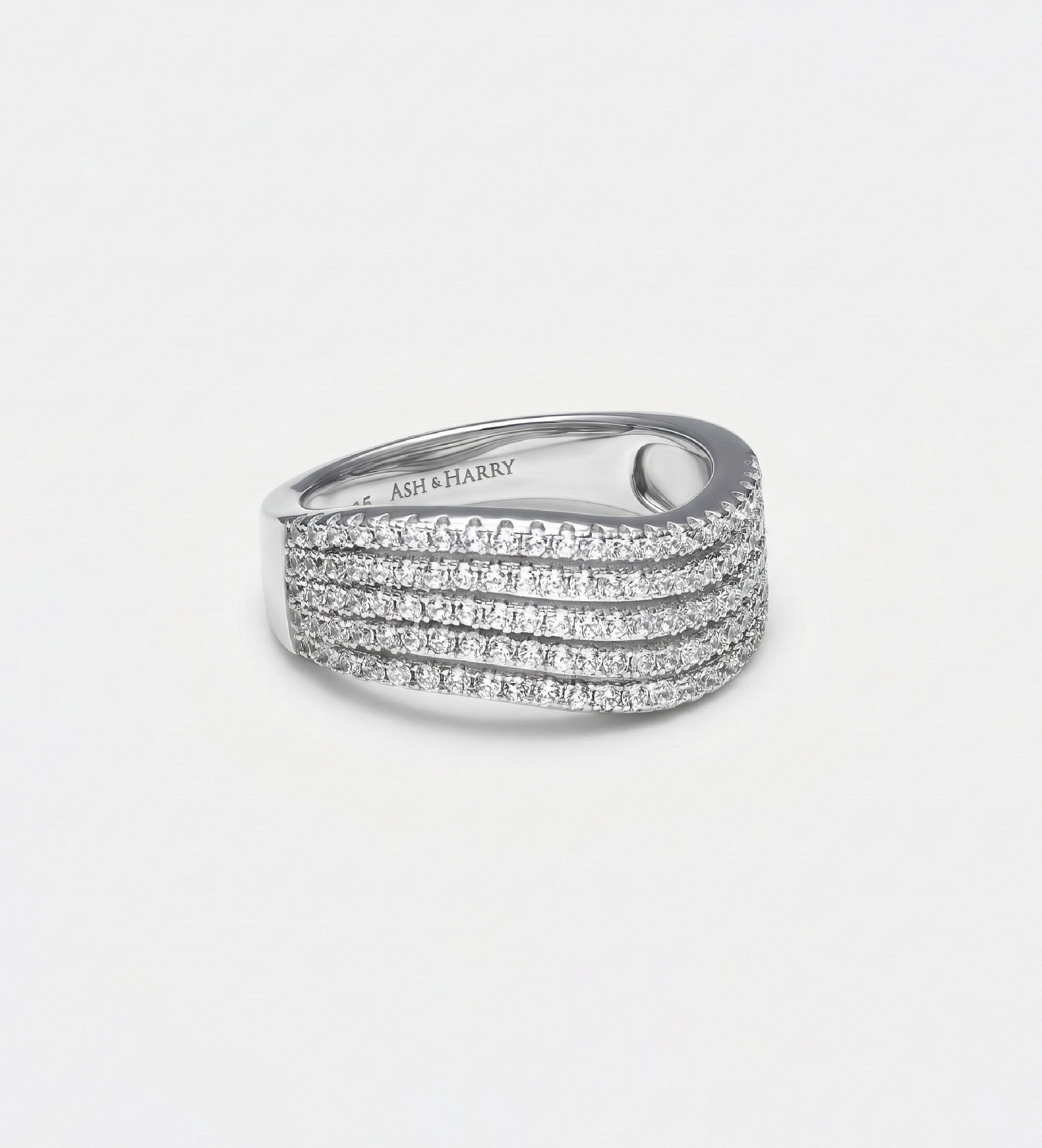 Crescent Wave Ring in 925 Silver with High - Quality White Simulated Diamonds - Ash & Harry
