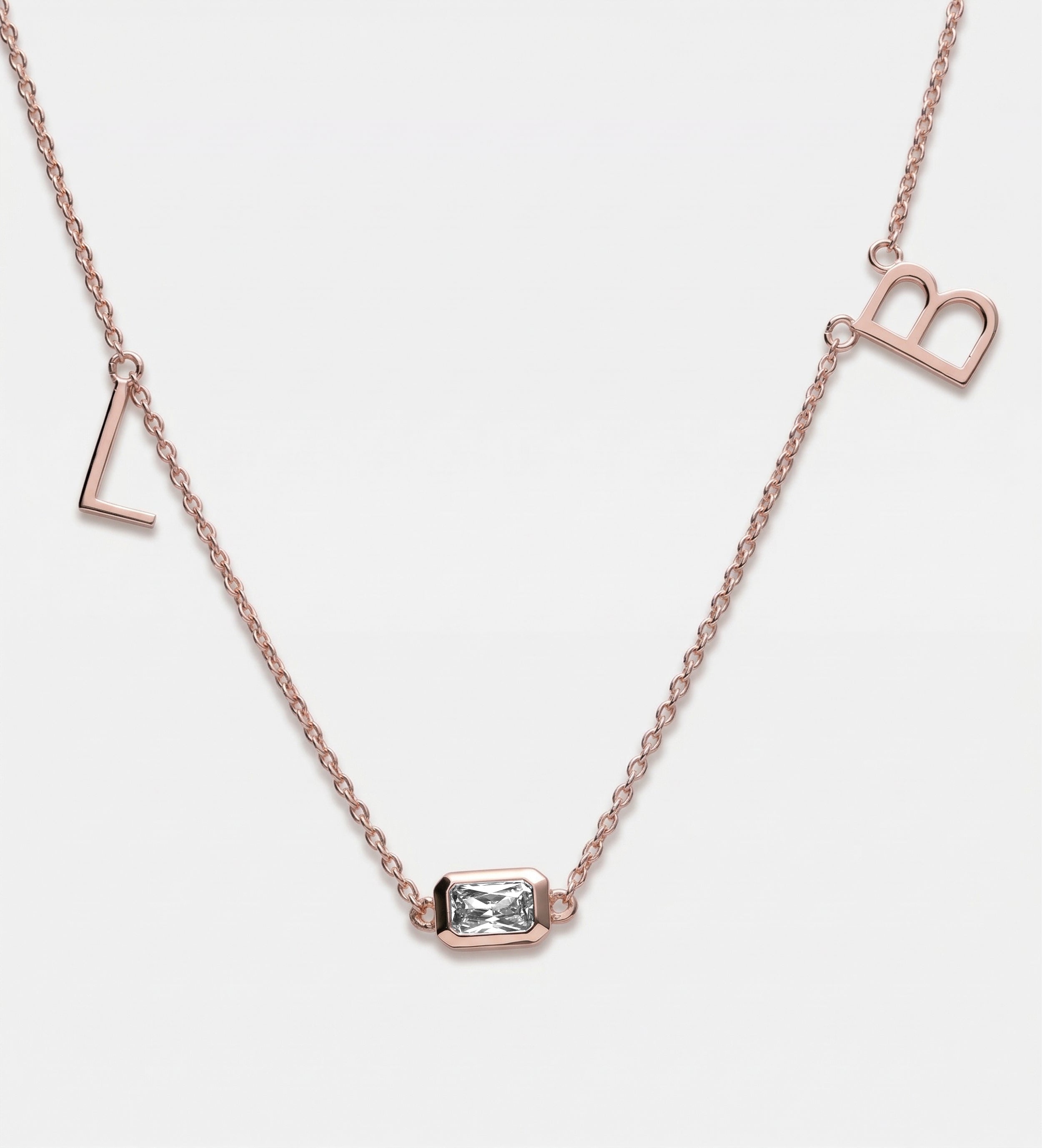 Eden Initial Necklace With .3CT Emerald Cut Lab Diamond in 18K Rose Gold Plating on 925 Silver - Ash & Harry