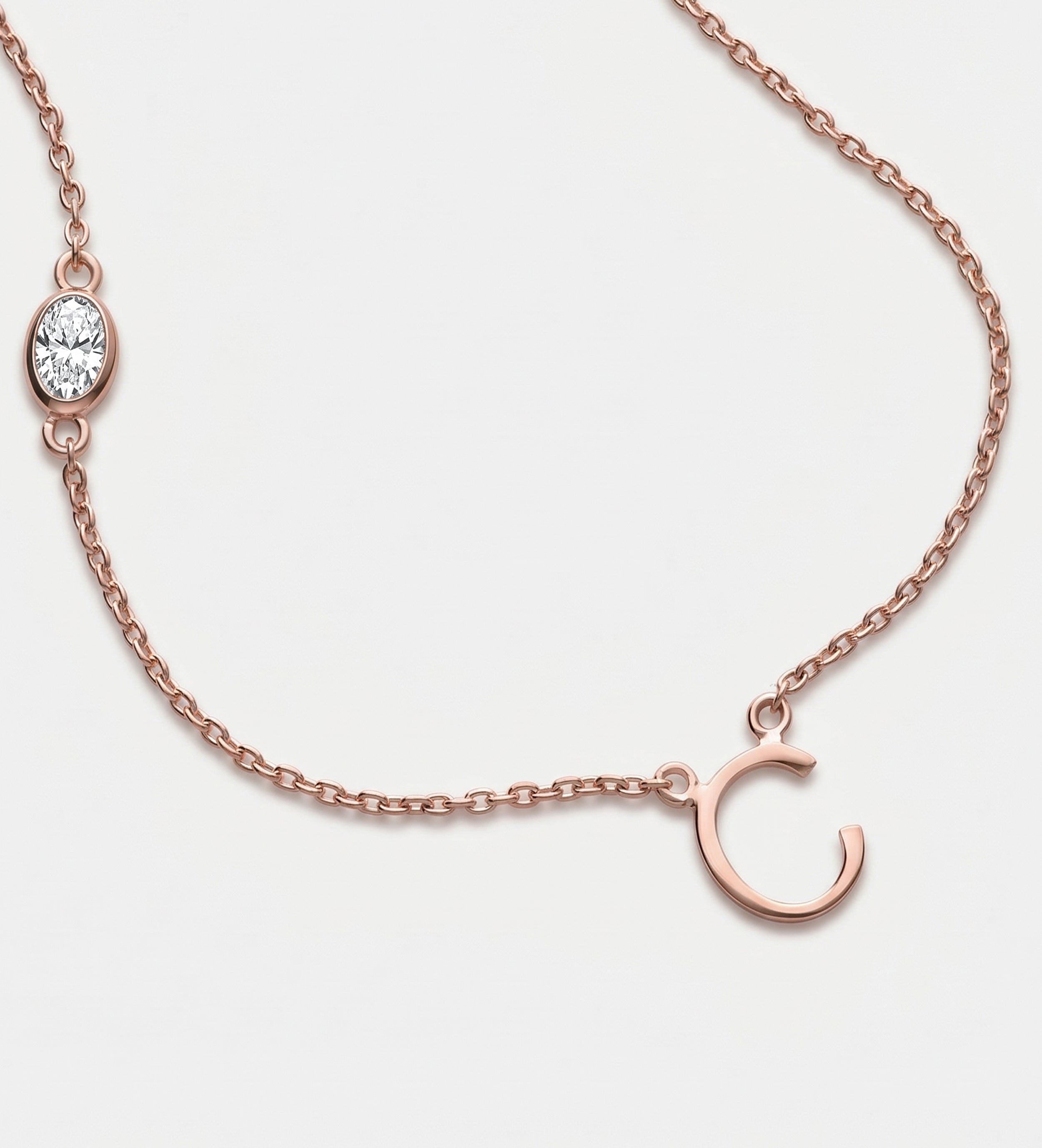 Eden Initial Necklace With .3CT Oval Lab Diamond in 18K Rose Gold Plating on 925 Silver - Ash & Harry