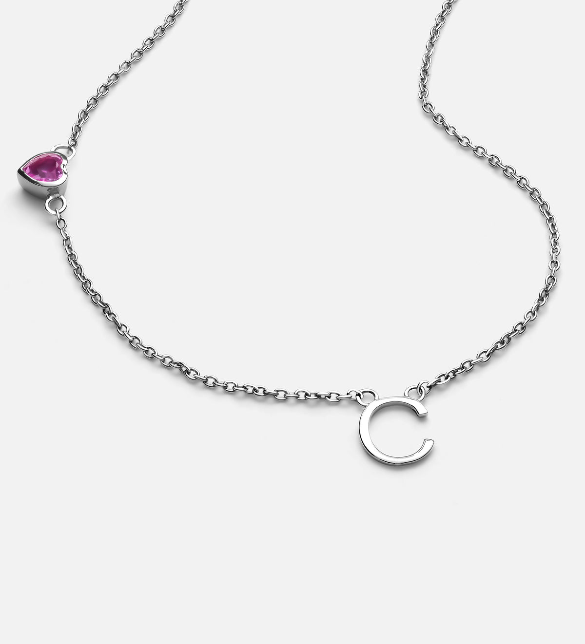 Eden Initial Necklace With 0.2ct Heart Shaped Lab Crafted Gemstone in Rhodium Plating on 925 Silver - Ash & Harry
