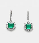 Emerald Halo Drop Earrings in Rhodium Plating on 925 Silver - Ash & Harry