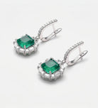 Emerald Halo Drop Earrings in Rhodium Plating on 925 Silver - Ash & Harry