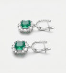 Emerald Halo Drop Earrings in Rhodium Plating on 925 Silver - Ash & Harry