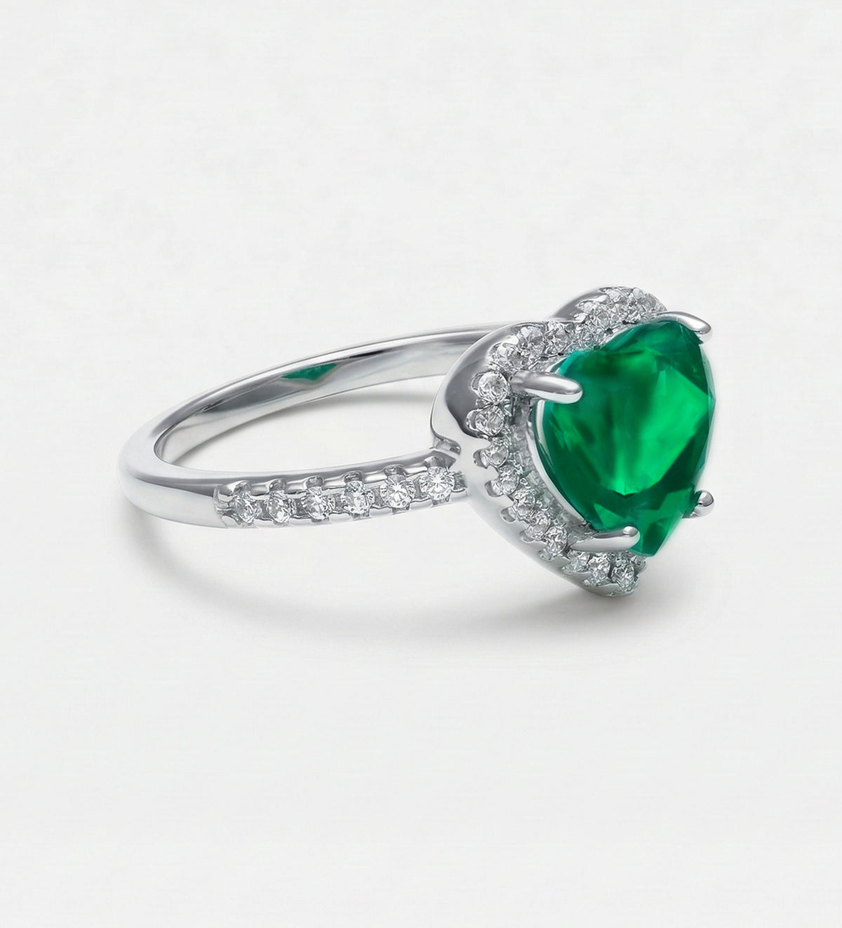 Emerald Heart Majesty Ring in 925 Silver High Quality Simulated Diamonds and Crafted Heart - Shaped Emerald Stone - Ash & Harry