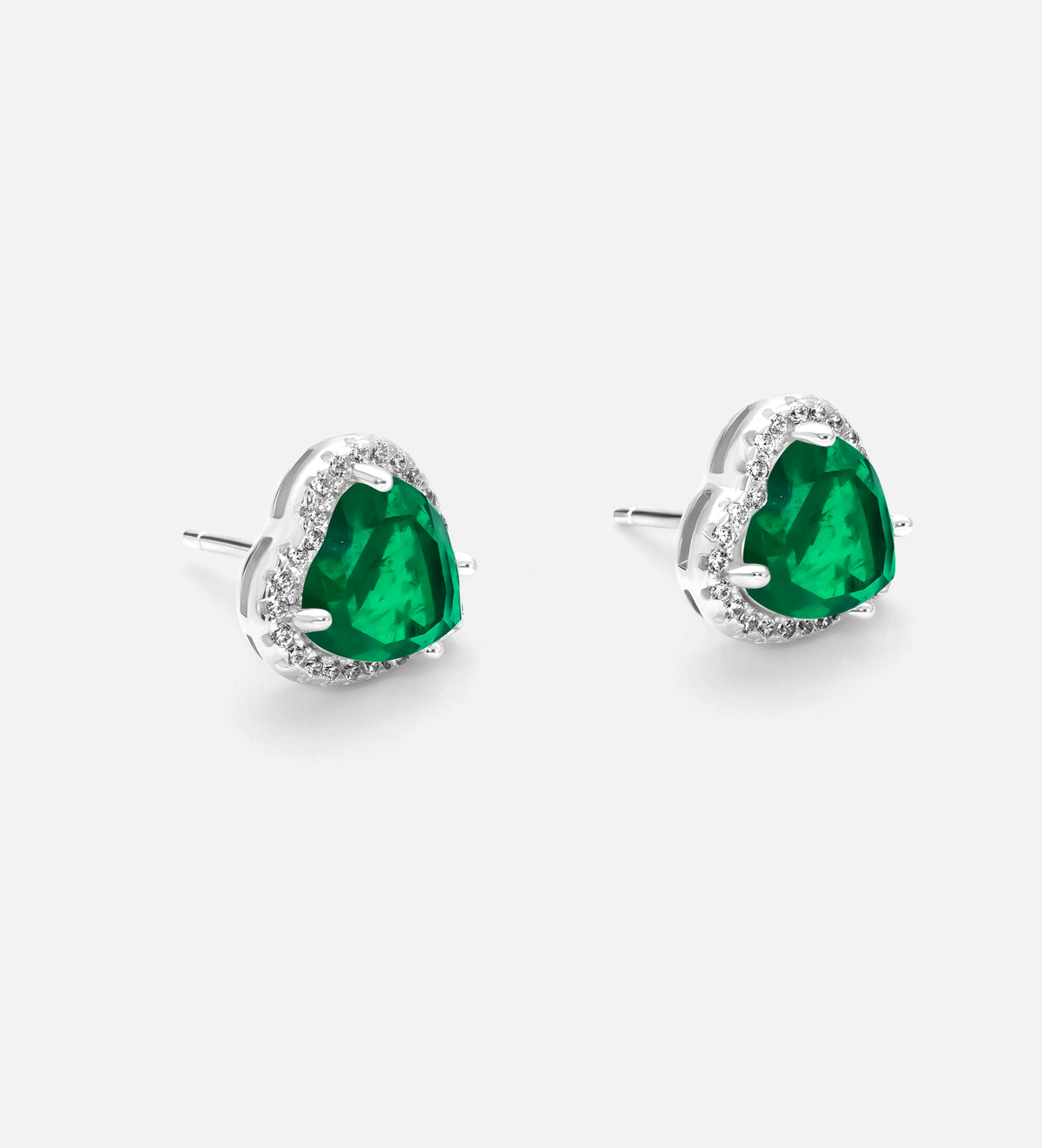 Emerald Heart Majesty Studs in 925 Silver High Quality Simulated Diamonds and Crafted Heart - Shaped Emerald Stones - Ash & Harry