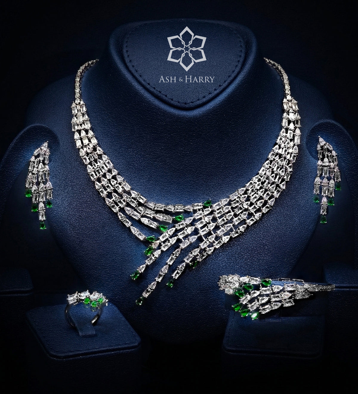 Estelle Green Luxury Bridal Full Set in High Quality Simulated Diamonds Rhodium Plated - Ash & Harry