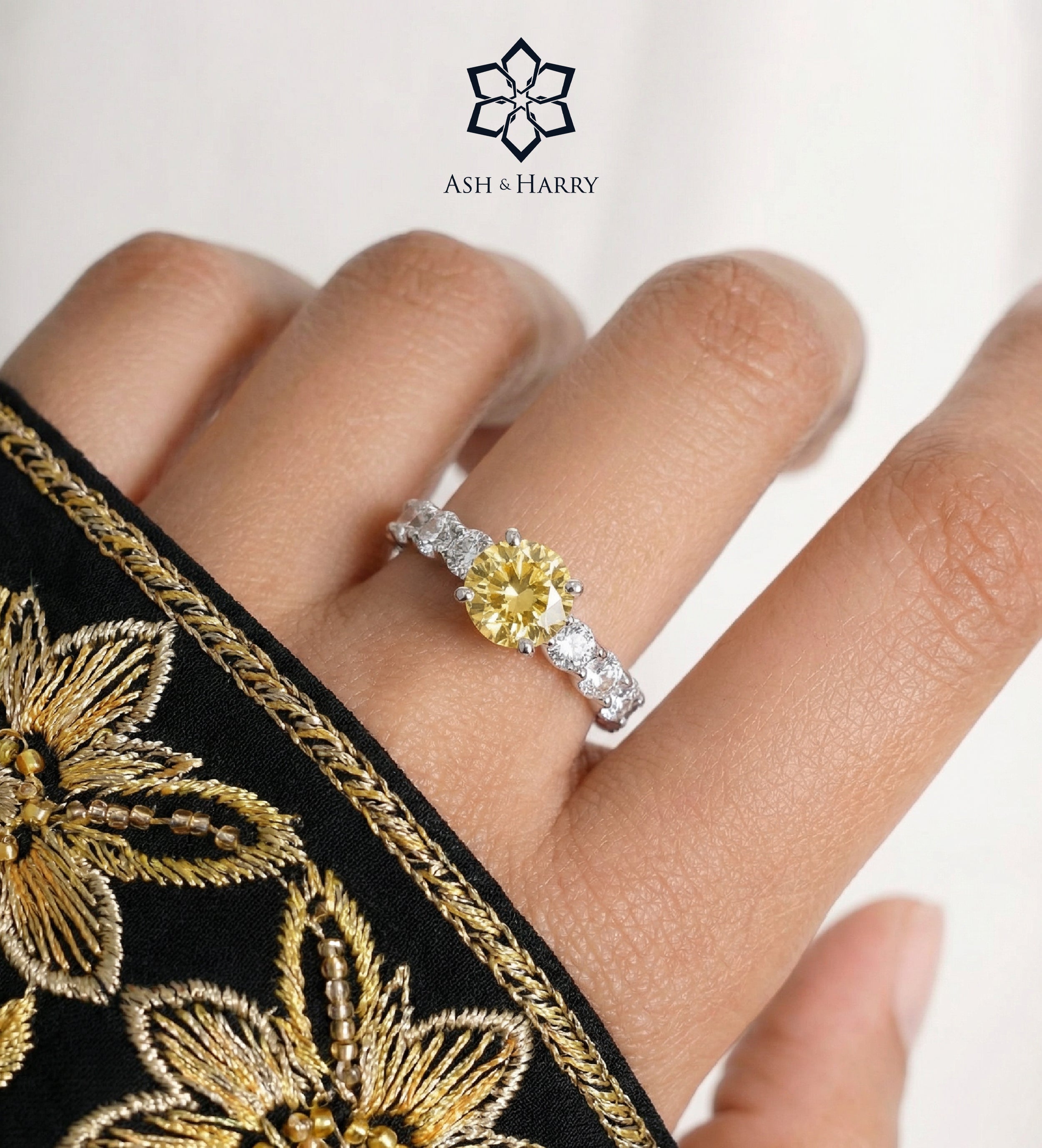 Eternal Sunshine Solitaire Ring with High Quality Simulated White and Canary Diamonds in 925 Silver - Ash & Harry