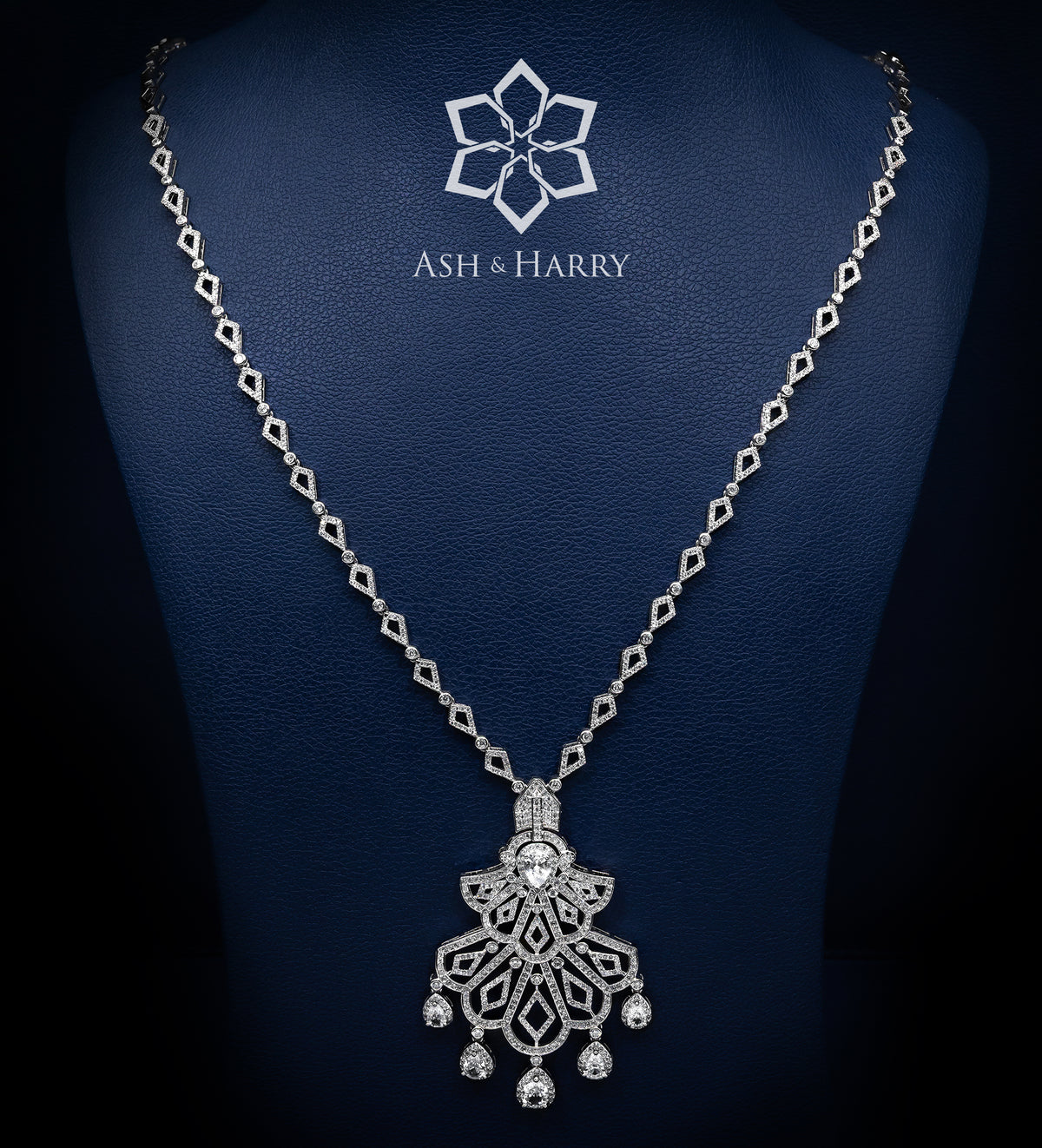 Frosted Lotus Regal Long Chain Set in High Quality Simulated Diamonds Rhodium Plated - Ash & Harry
