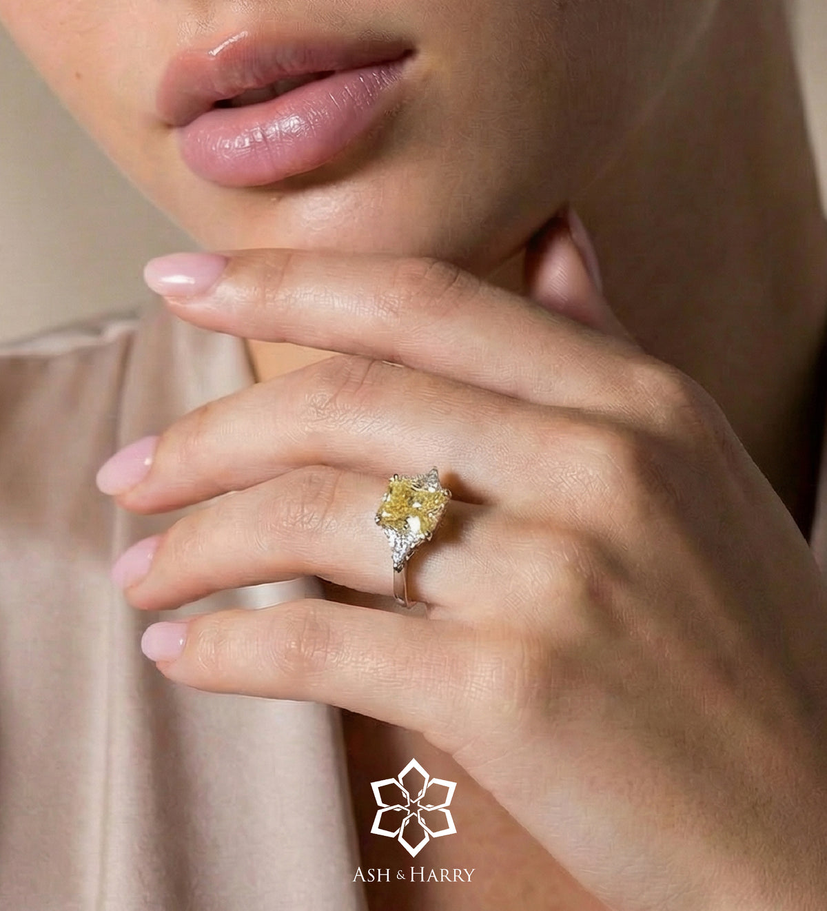 Golden Hour Cushion Ring in 925 Silver with High - Quality White and Canary Simulated Diamonds - Ash & Harry
