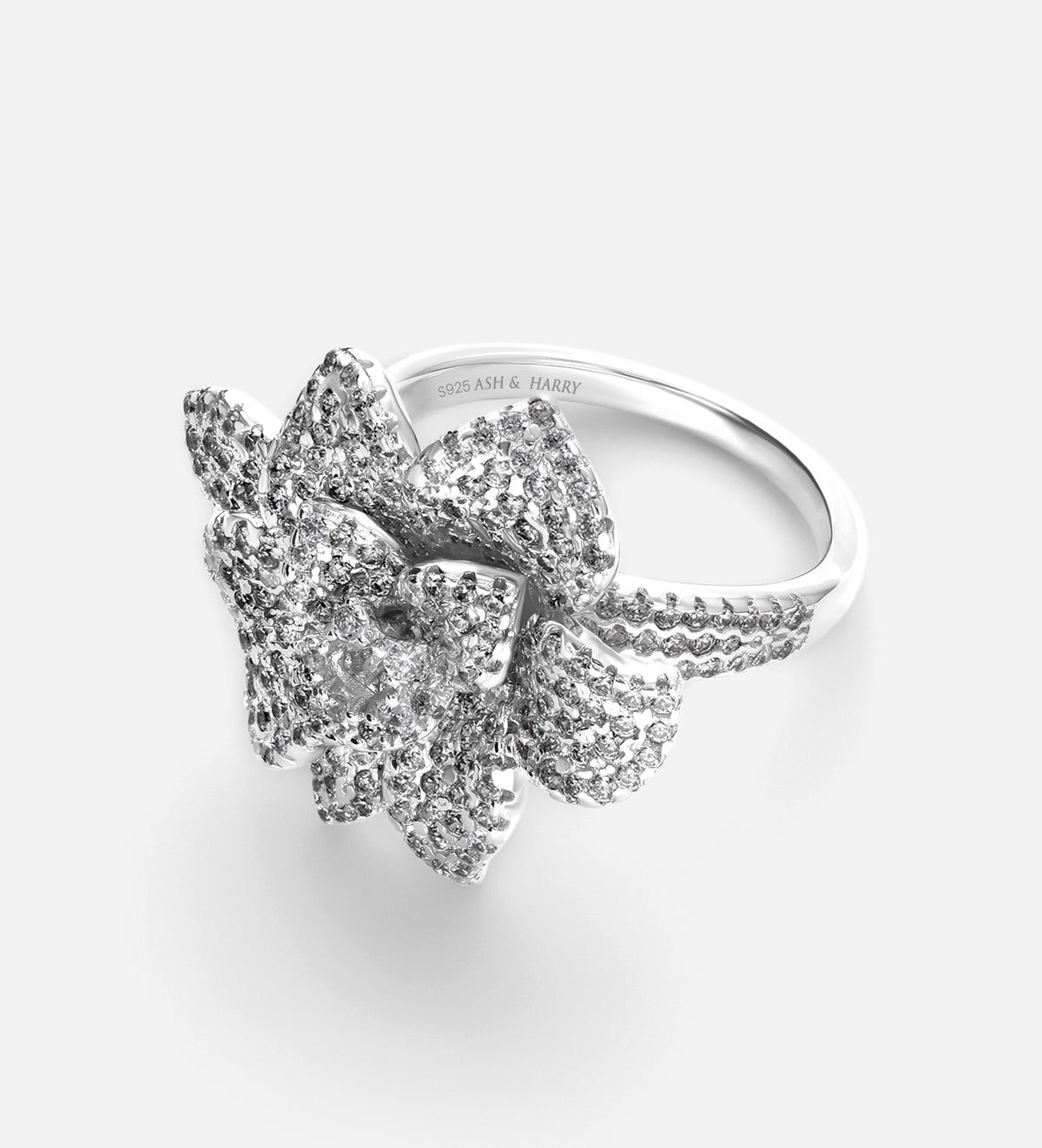 Grand Fleur Cocktail Ring in 925 Silver with High Quality Simulated Pave Diamonds - Ash & Harry