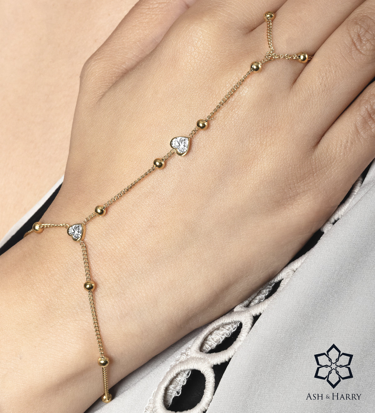 Heart Drop Hand Chain in Gold With High Quality Simulated Diamonds - Ash & Harry