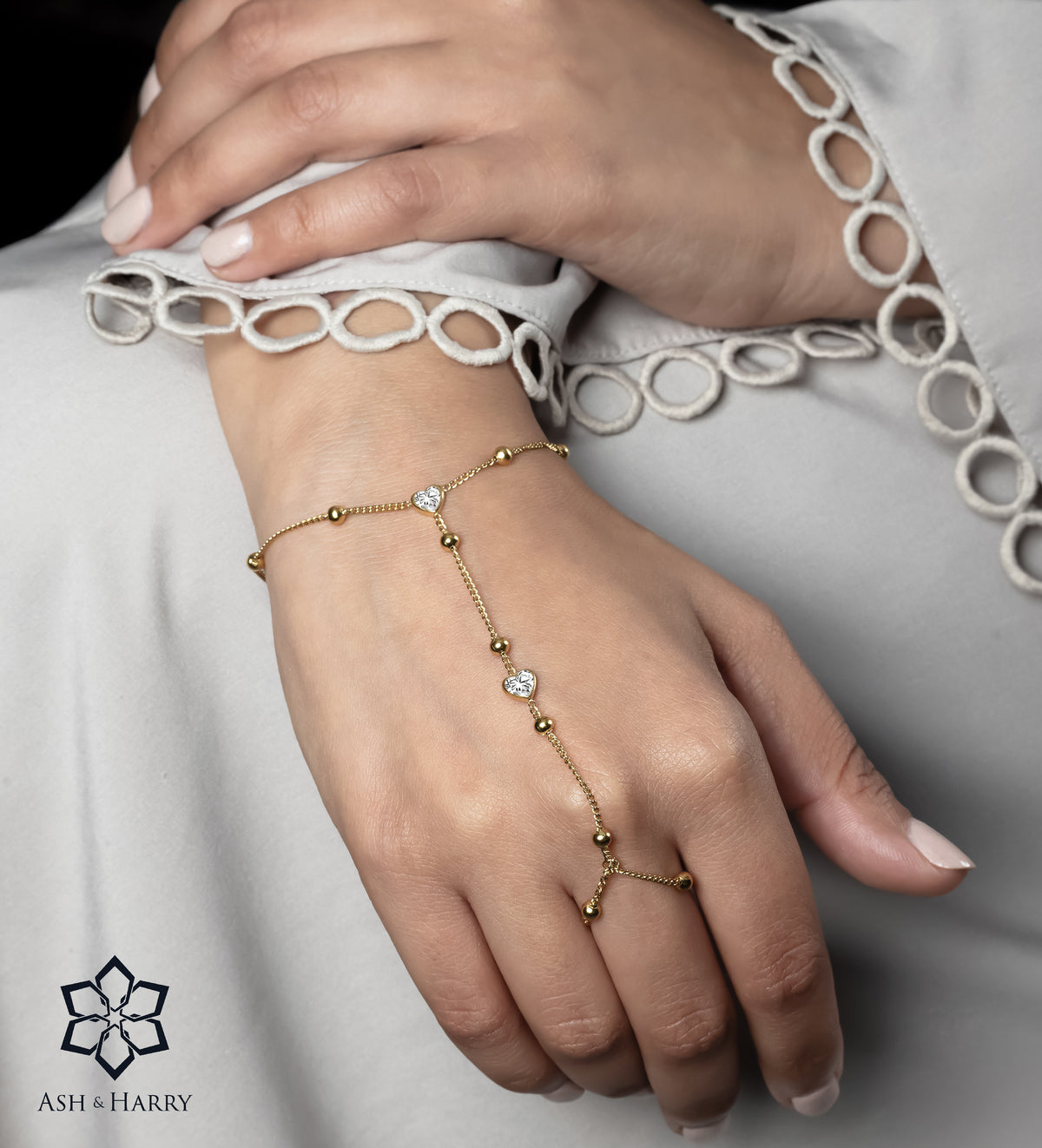 Heart Drop Hand Chain in Gold With High Quality Simulated Diamonds - Ash & Harry