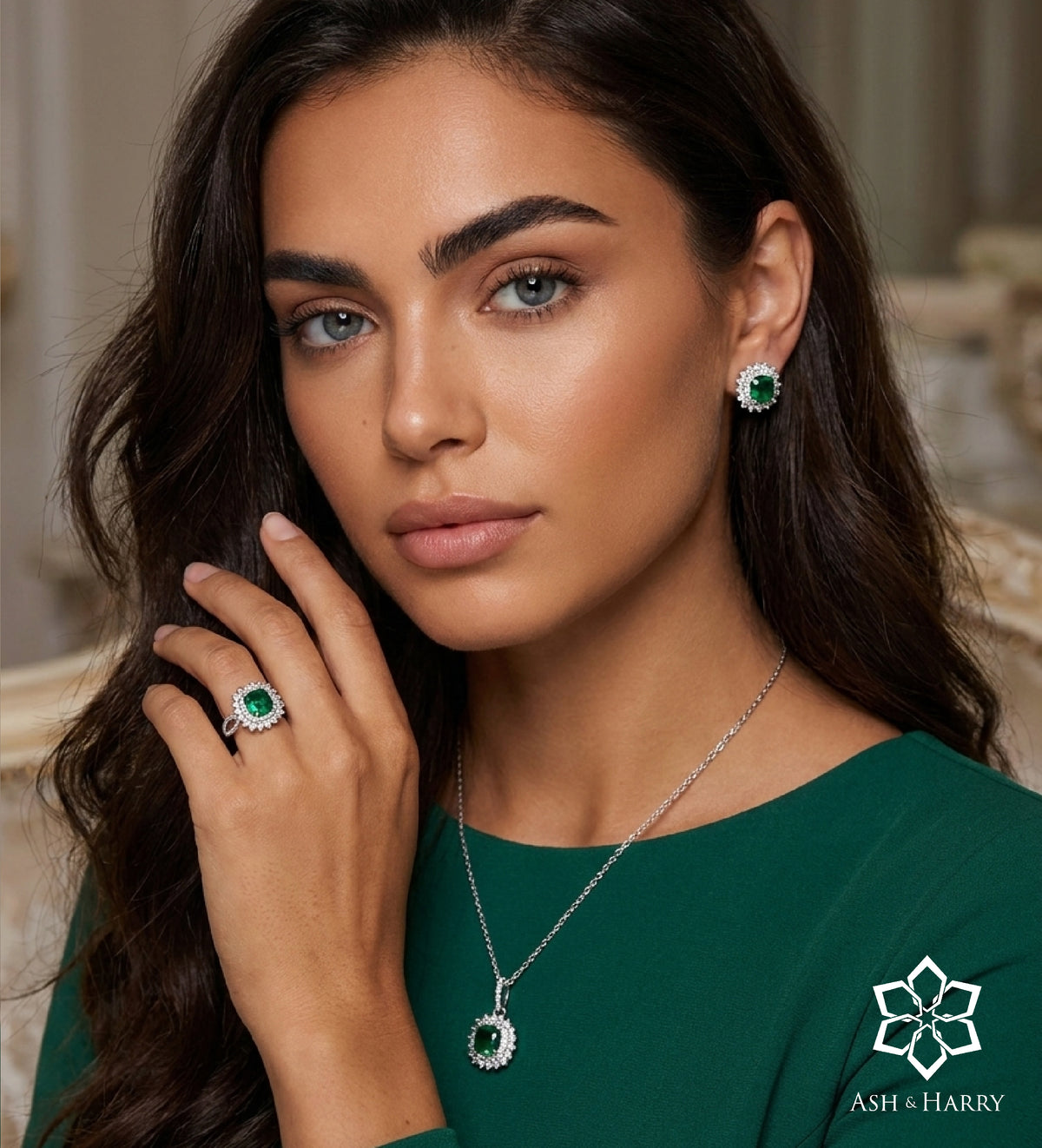 Imperial Emerald Crown Full Set in 925 Silver High Quality Simulated Diamonds and Crafted Emerald Stones - 3 Items - Ash & Harry