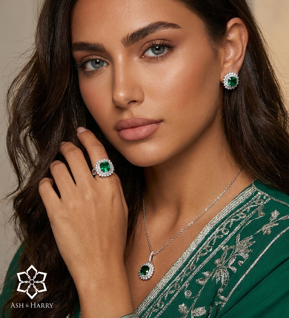 Imperial Emerald Crown Full Set in 925 Silver High Quality Simulated Diamonds and Crafted Emerald Stones - 3 Items - Ash & Harry