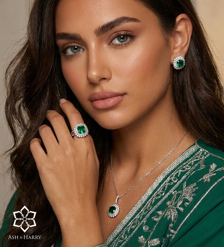 Imperial Emerald Crown Full Set in 925 Silver High Quality Simulated Diamonds and Crafted Emerald Stones - 3 Items