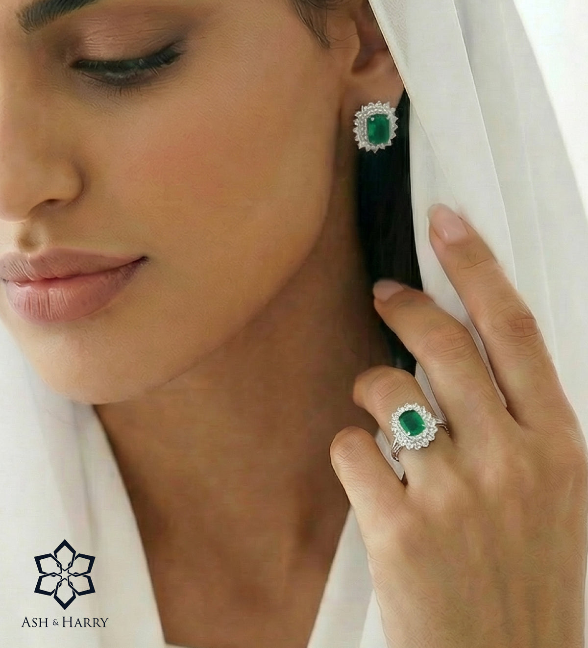 Imperial Emerald Crown Studs in 925 Silver High Quality Simulated Diamonds and Crafted Emerald Stones - Ash & Harry