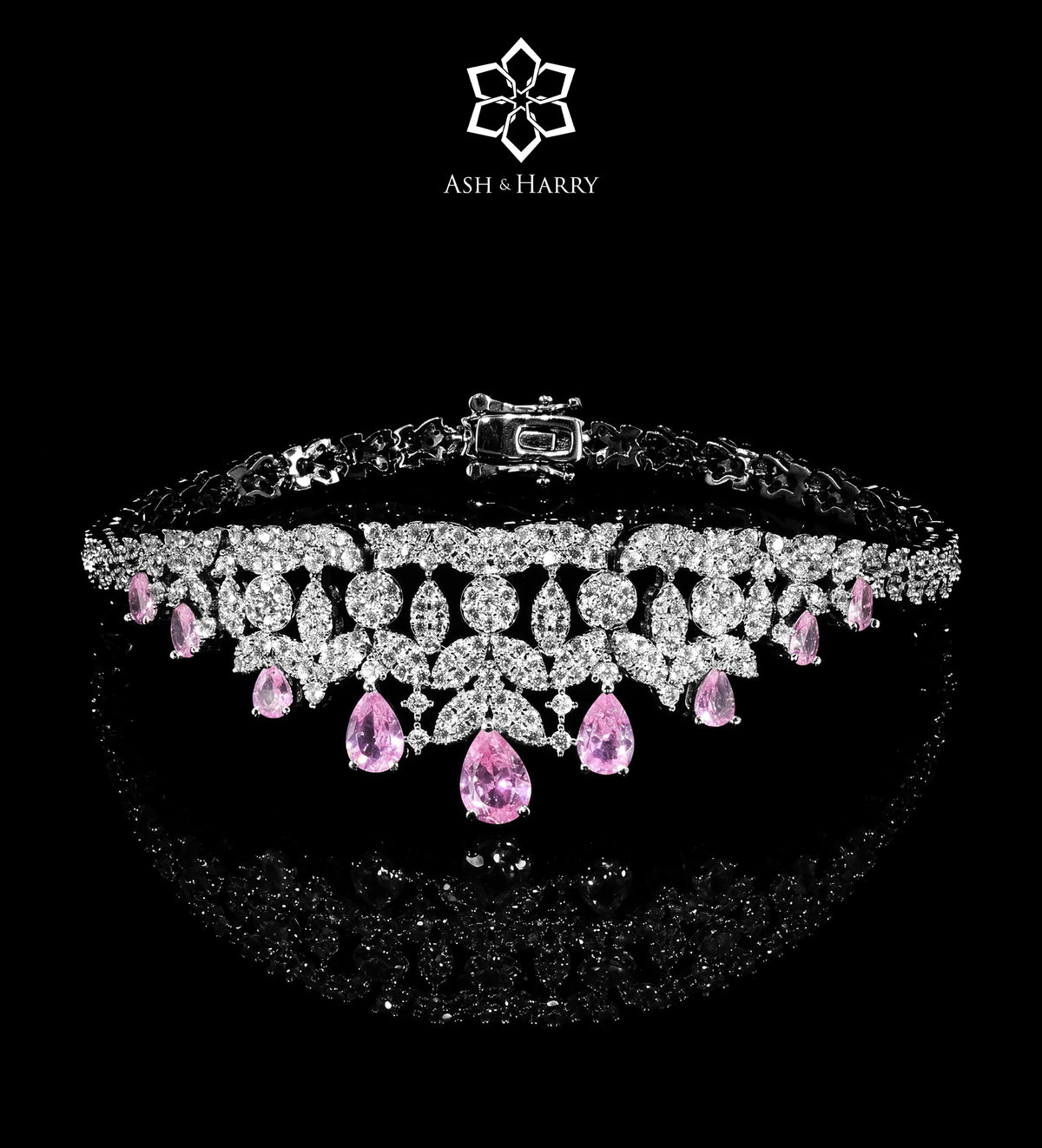 Jouri Royal Pink and White Bridal Full Set with Brilliant - Cut Simulated Diamonds, Rhodium Plated - Ash & Harry