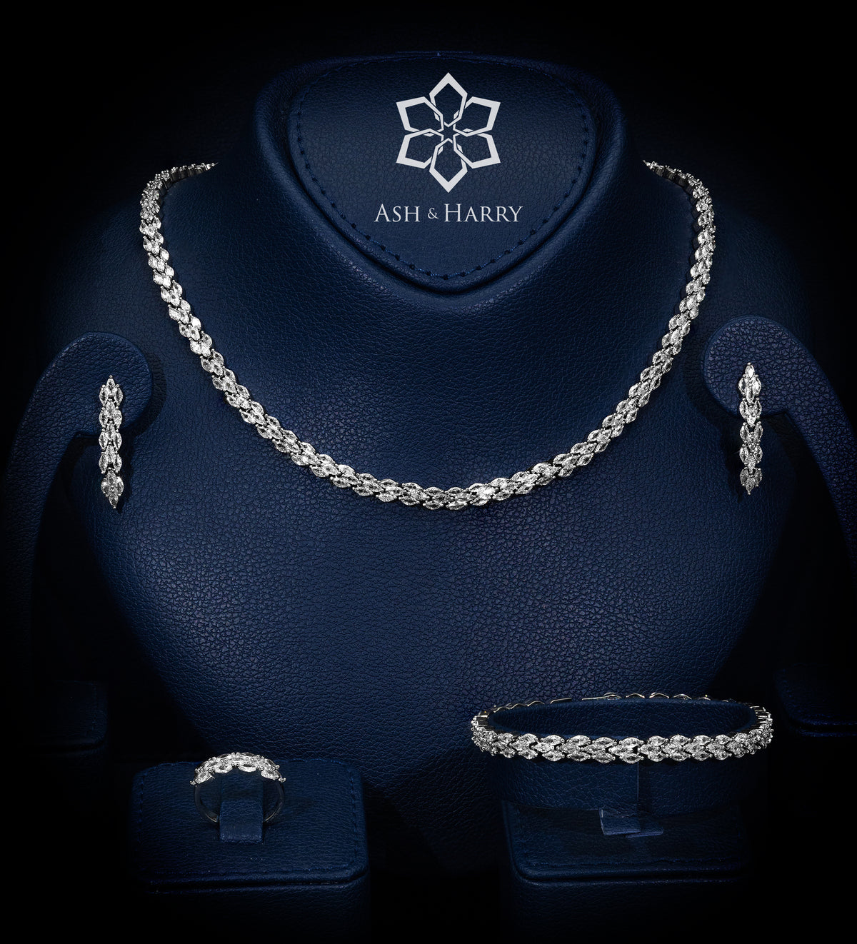 Layan White Wheat - Link Full Set with Brilliant - Cut Simulated Diamonds in Rhodium Plated Finish - Ash & Harry