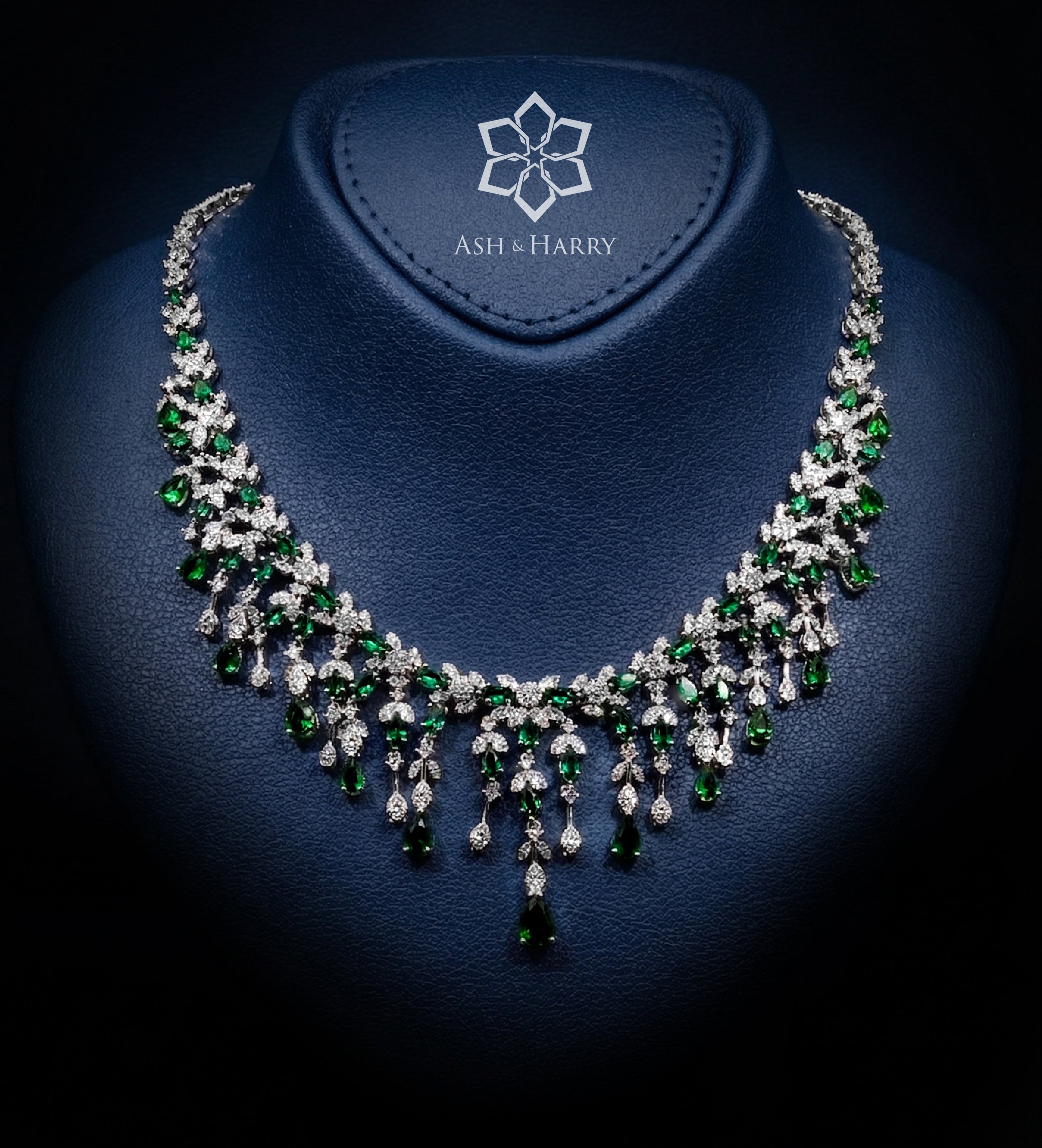 Layla Emerald Green Luxury Bridal Full Set in High Quality Simulated Diamonds Rhodium Plated - Ash & Harry